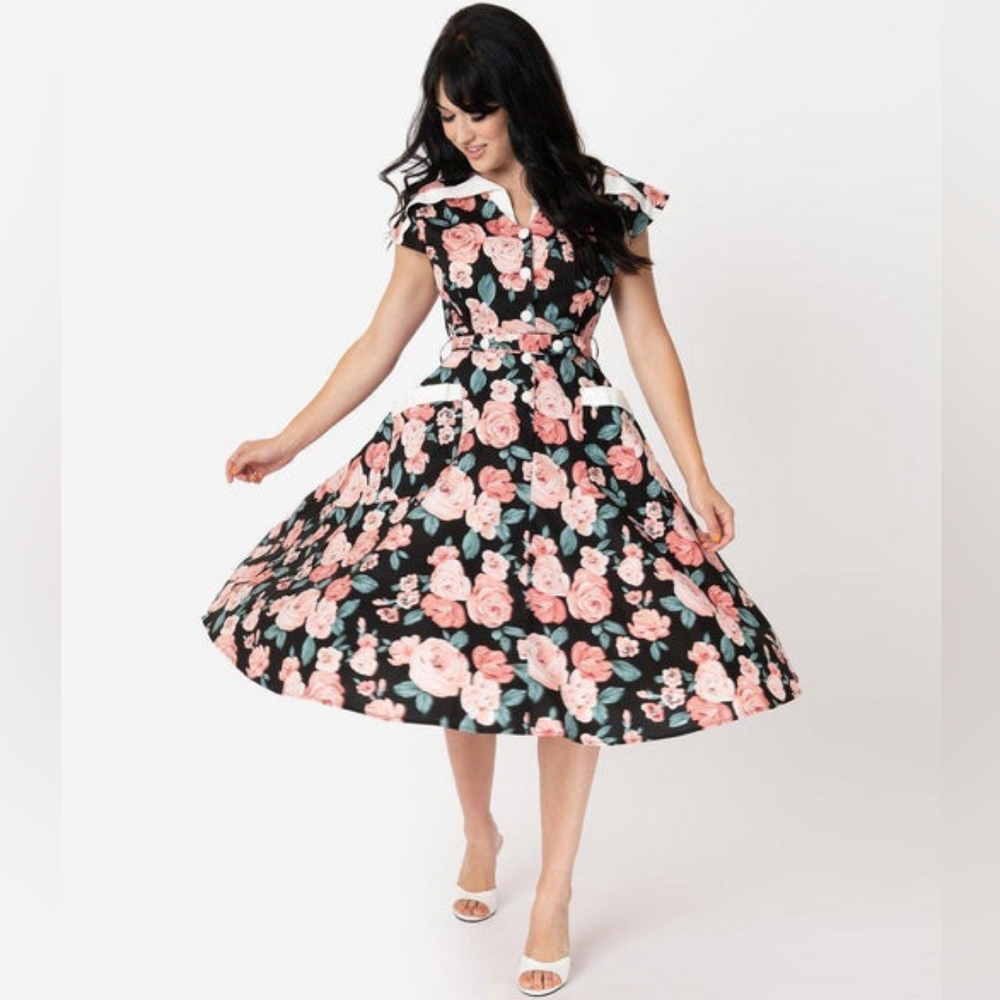 Unique Vintage Black and Pink Floral Midi Dress